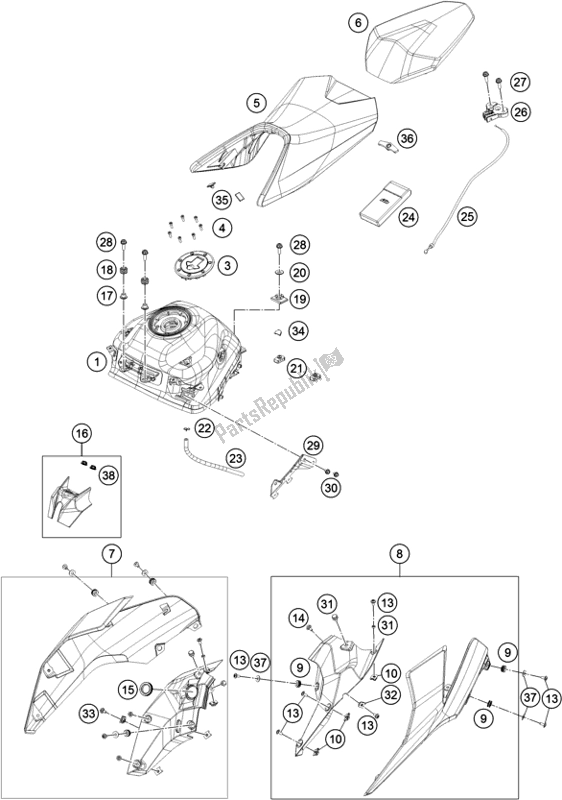 Toutes les pièces pour le Réservoir, Siège, Couverture du KTM 390 Duke,white-CKD 17 2017