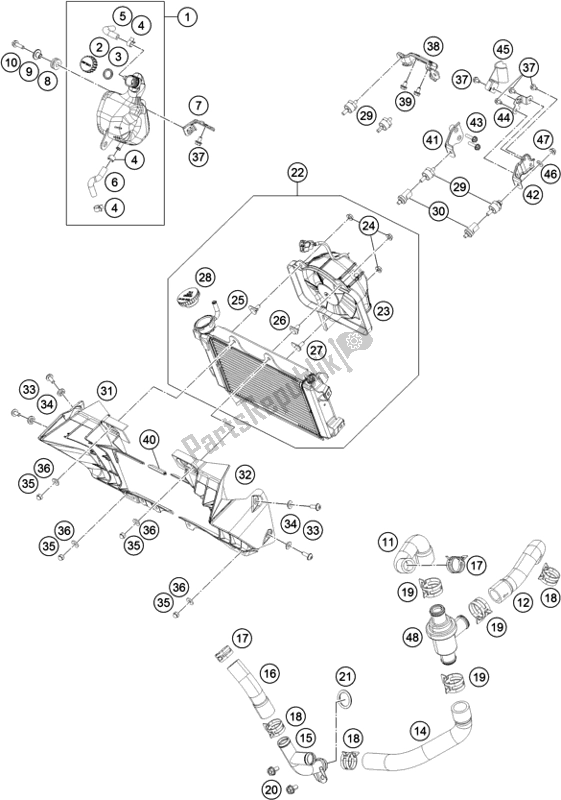 All parts for the Cooling System of the KTM 390 Duke White B. D. 17 2017