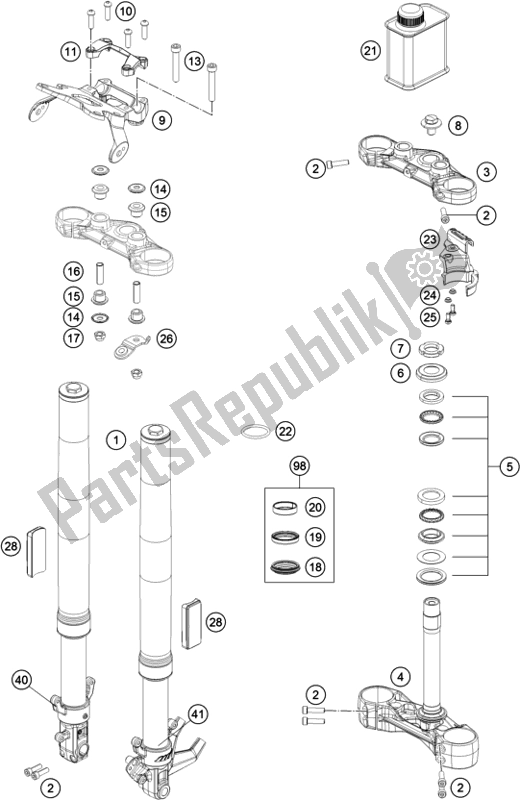 All parts for the Front Fork, Triple Clamp of the KTM 390 Duke White B. D. 17 2017