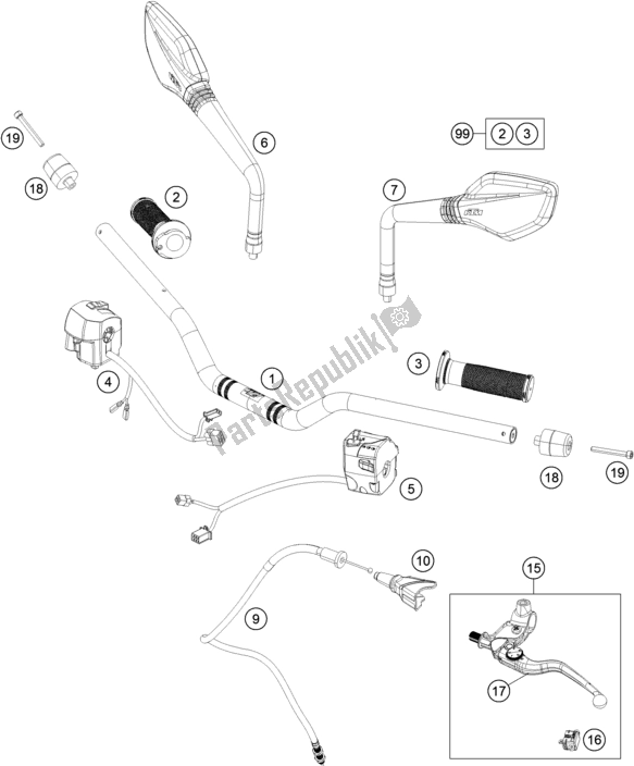 Todas las partes para Manillar, Controles de KTM 390 Duke White B. D. 17 2017