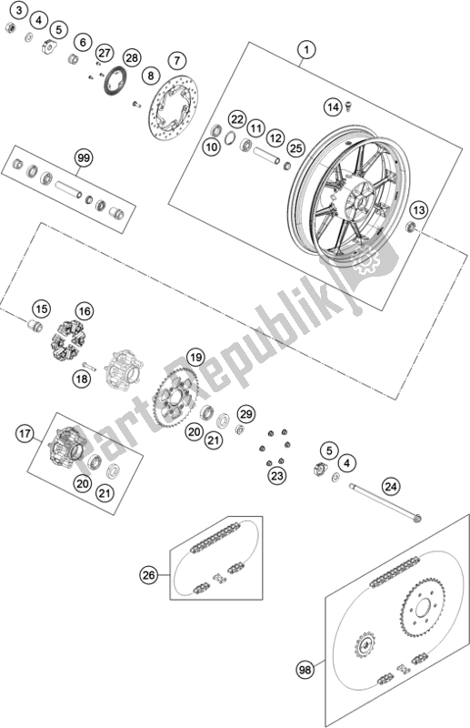 All parts for the Rear Wheel of the KTM 390 Duke White B. D. 17 2017