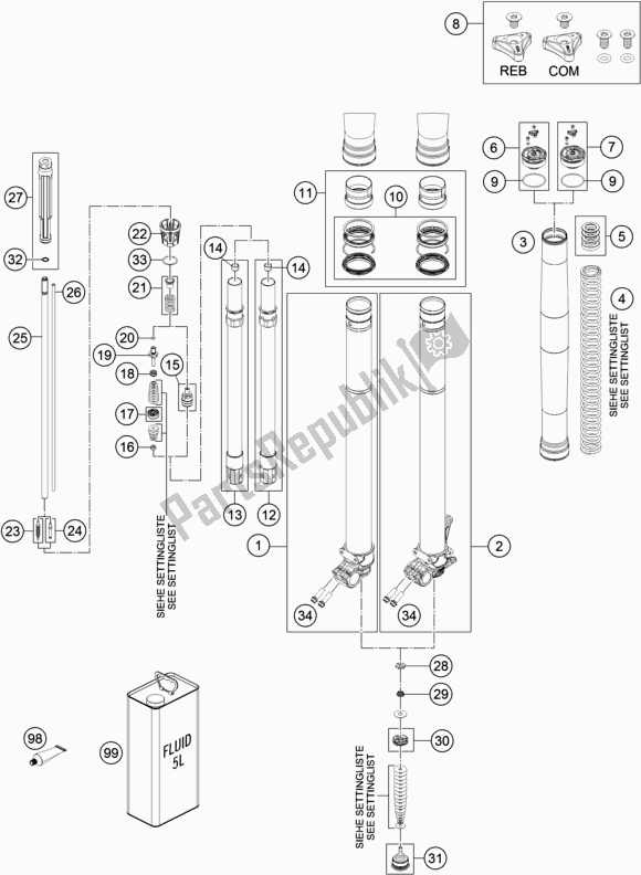 All parts for the Front Fork Disassembled of the KTM 450 Exc-f 2018
