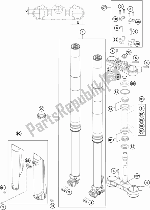 Todas as partes de Garfo Dianteiro, Braçadeira Tripla do KTM 450 Exc-f 2019