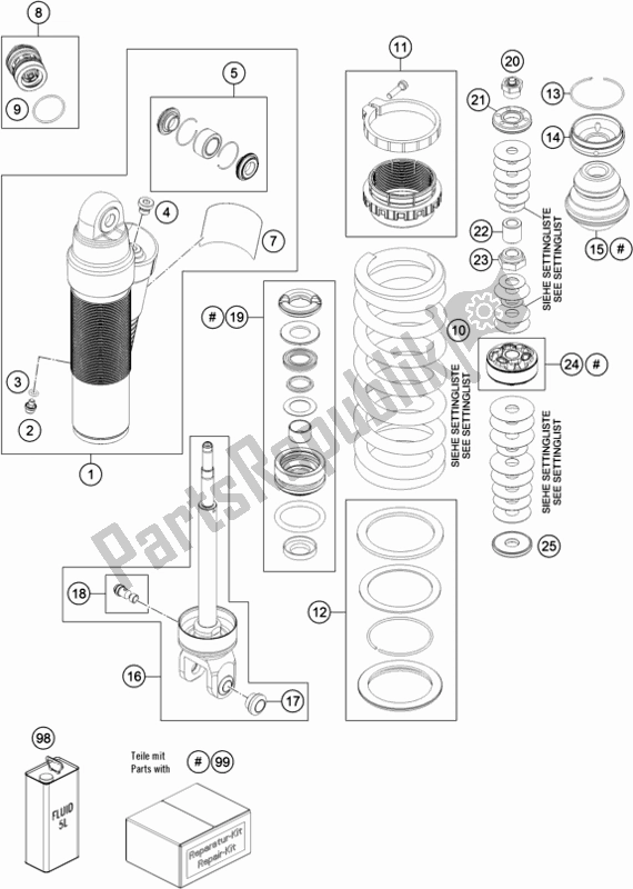 All parts for the Shock Absorber Disassembled of the KTM 450 Exc-f 2019