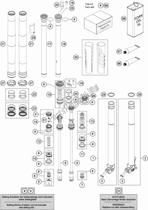 Alle onderdelen voor de Voorvork Gedemonteerd van de KTM 450 SX-F EU 2021