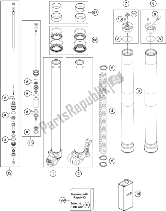 Alle onderdelen voor de Voorvork Gedemonteerd van de KTM 50 SX 2018
