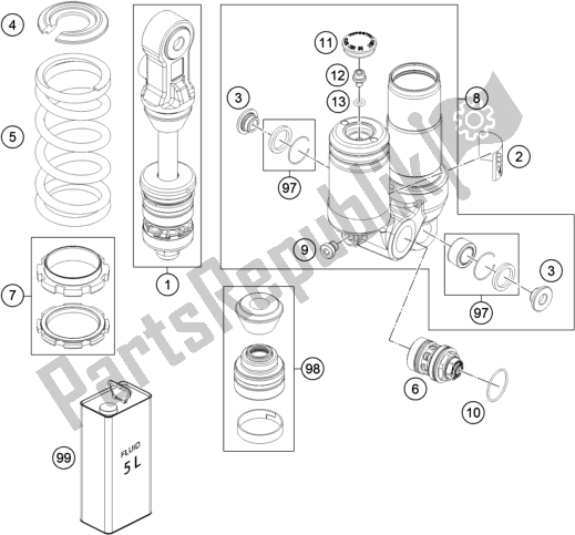 All parts for the Shock Absorber Disassembled of the KTM 50 SX EU 2018