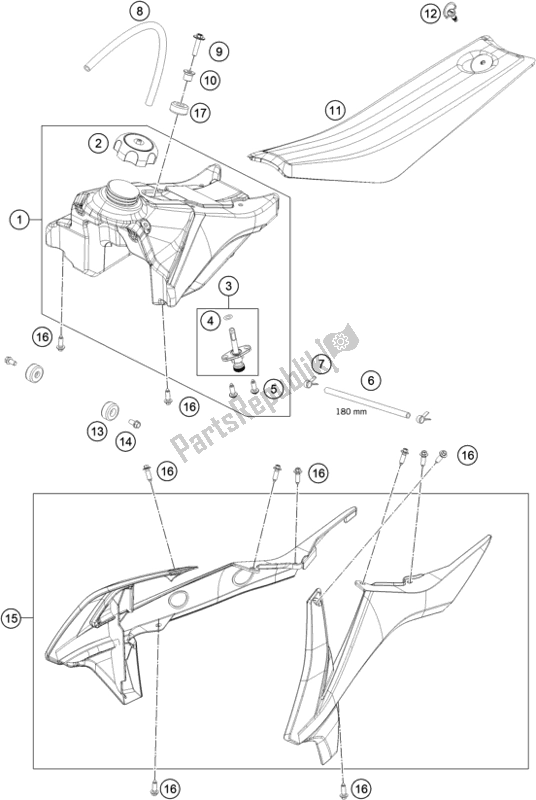 Todas as partes de Tanque, Assento, Tampa do KTM 50 SX Mini 2018