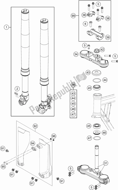 All parts for the Front Fork, Triple Clamp of the KTM 50 SX Mini EU 2019