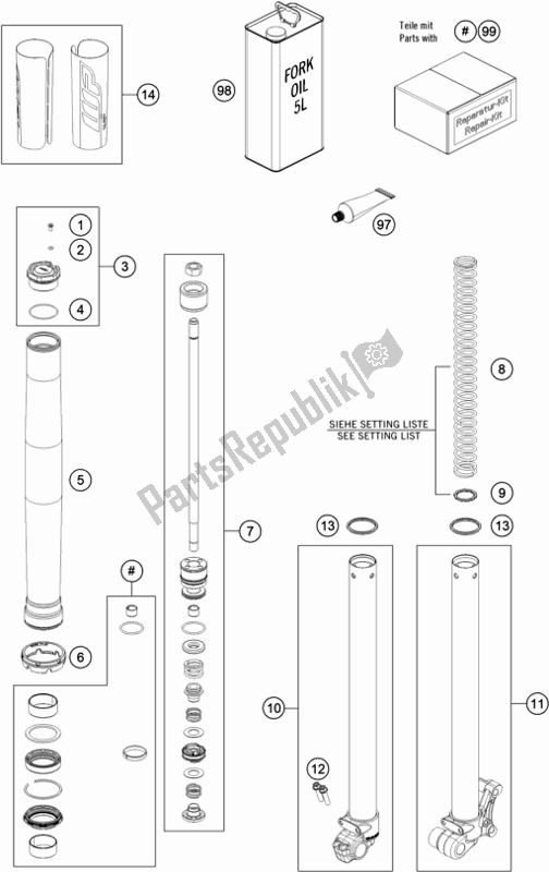 All parts for the Front Fork Disassembled of the KTM 50 SX Mini EU 2020