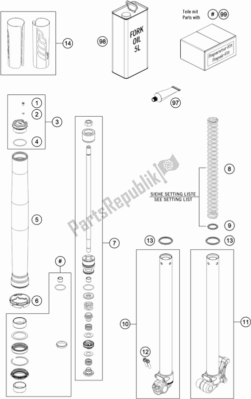 All parts for the Front Fork Disassembled of the KTM 50 SX Mini EU 2021