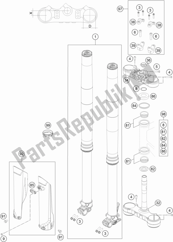 All parts for the Front Fork, Triple Clamp of the KTM 500 Exc-f 2017