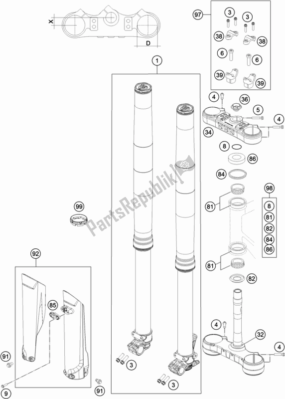 Tutte le parti per il Forcella Anteriore, Pinza Tripla del KTM 500 Exc-f 2018