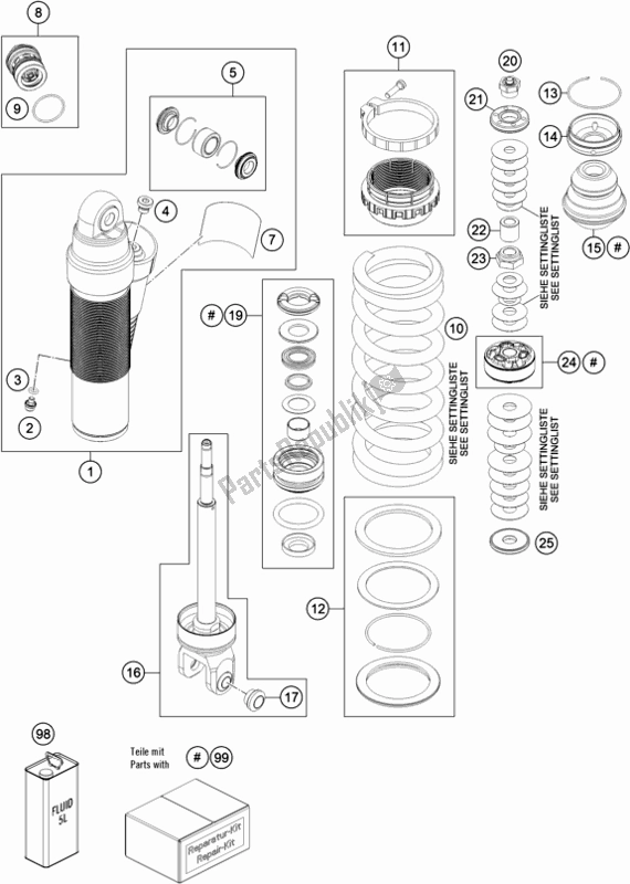 All parts for the Shock Absorber Disassembled of the KTM 500 Exc-f EU 2019