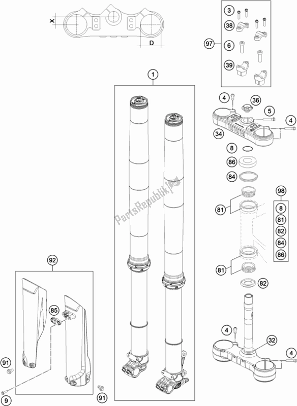 All parts for the Front Fork, Triple Clamp of the KTM 500 Exc-f EU 2020