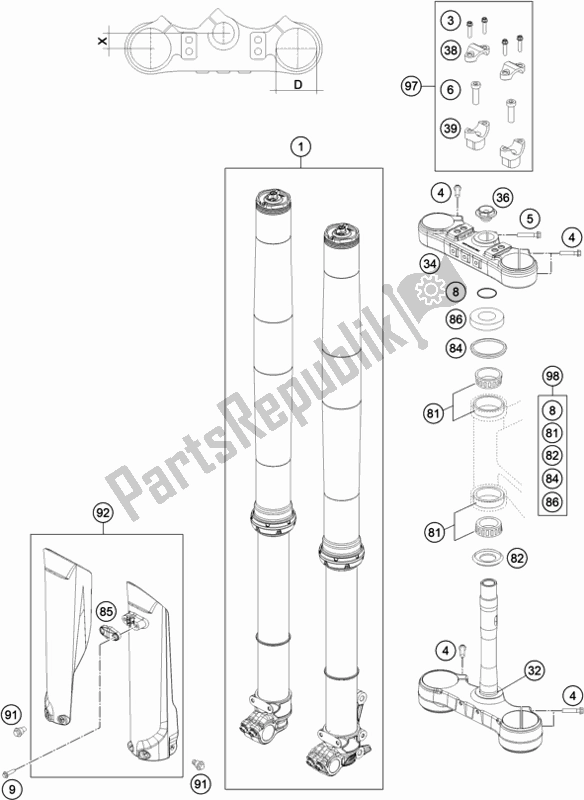 All parts for the Front Fork, Triple Clamp of the KTM 500 Exc-f EU 2021
