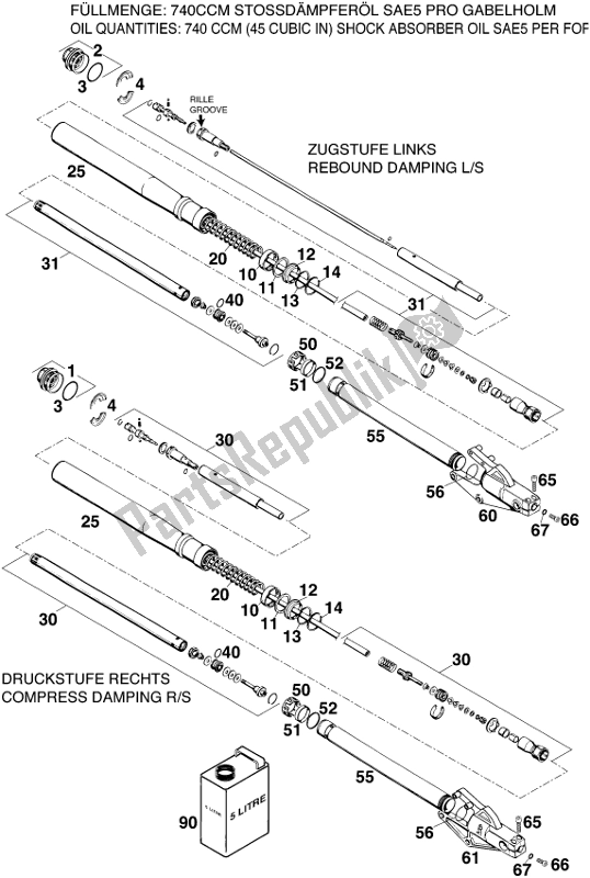 All parts for the Front Fork Disassembled of the KTM 620 Duke 37 KW 2020