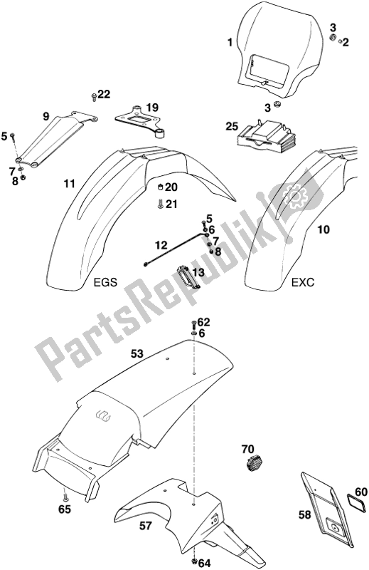 All parts for the Mask, Fenders of the KTM 620 EGS WP 20 KW 2020