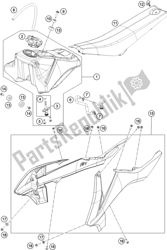 Alle onderdelen voor de Tank, Stoel, Deksel van de KTM 65 SX 2018