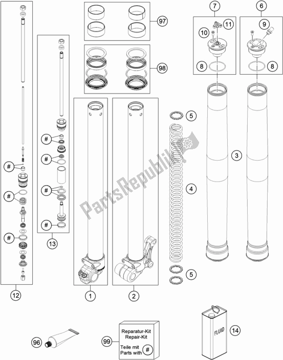 Alle onderdelen voor de Voorvork Gedemonteerd van de KTM 65 SX EU 2018