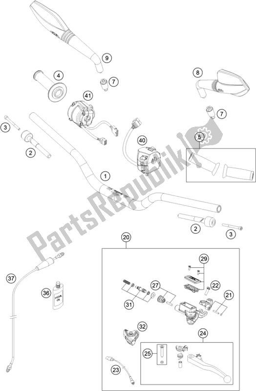 All parts for the Handlebar, Controls of the KTM 690 Duke,orange 2018