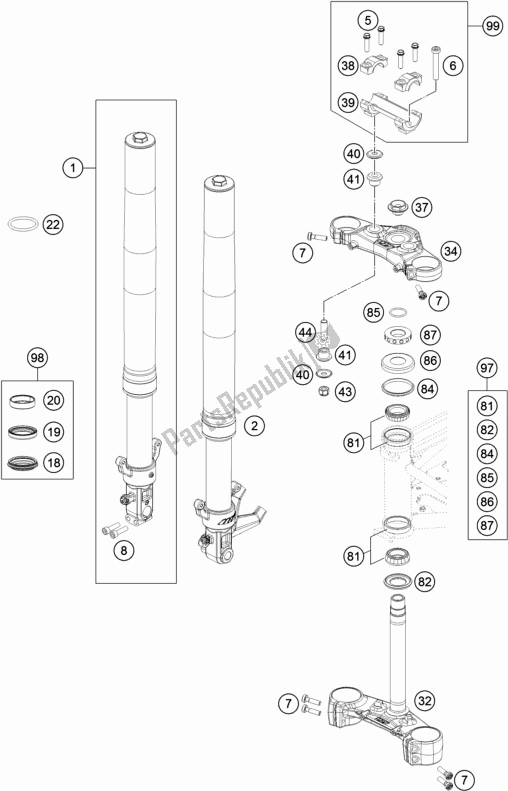 All parts for the Front Fork, Triple Clamp of the KTM 690 Duke,white 2018