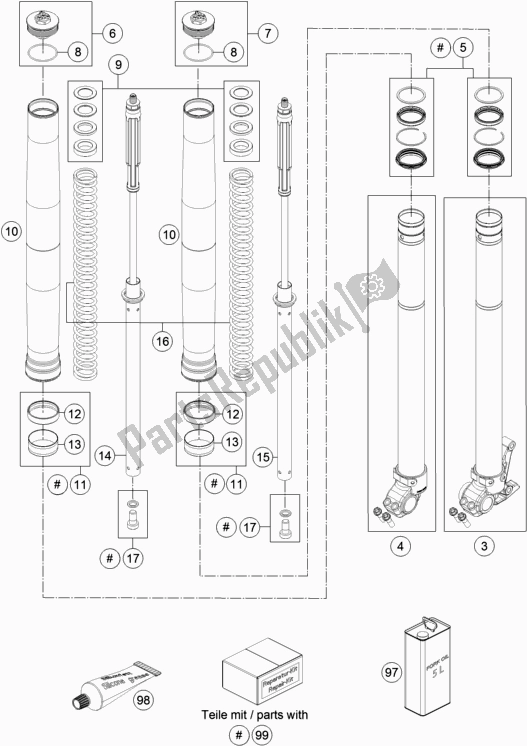 All parts for the Front Fork Disassembled of the KTM 690 Enduro R 2018