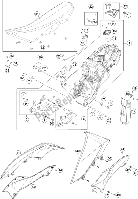 Todas as partes de Tanque, Assento do KTM 690 Enduro R 2018