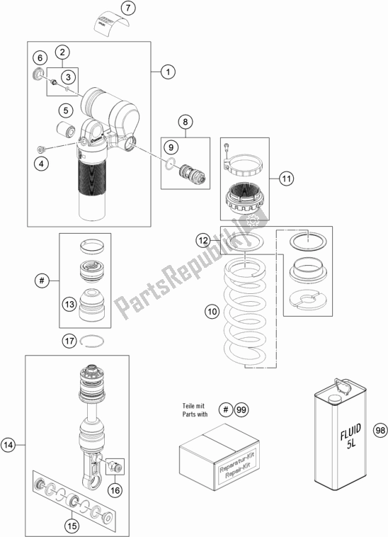 All parts for the Shock Absorber Disassembled of the KTM 690 Enduro R EU 2019