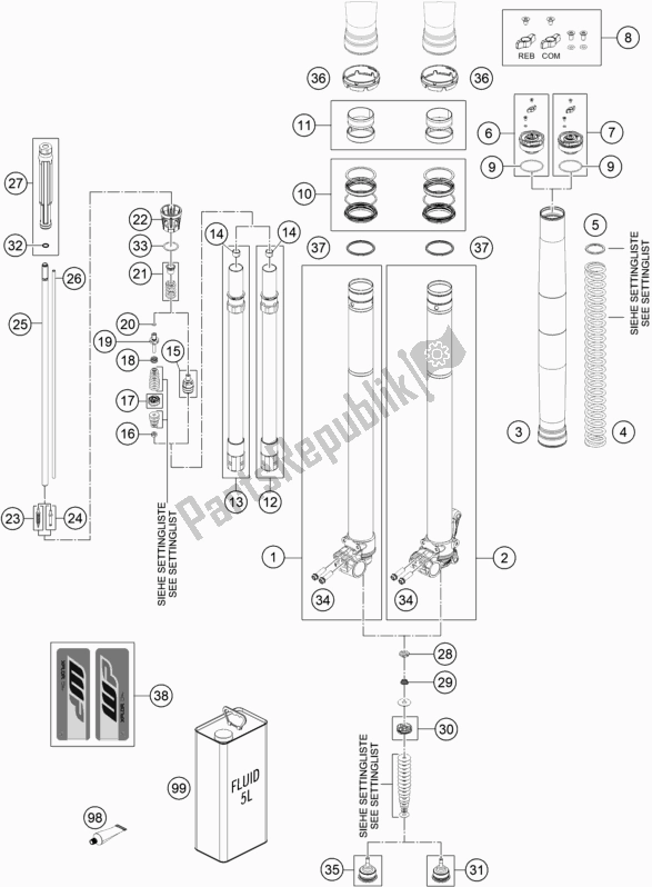 All parts for the Front Fork Disassembled of the KTM 690 Enduro R EU 2021