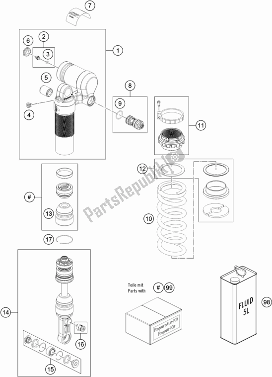 All parts for the Shock Absorber Disassembled of the KTM 690 Enduro R US 2019