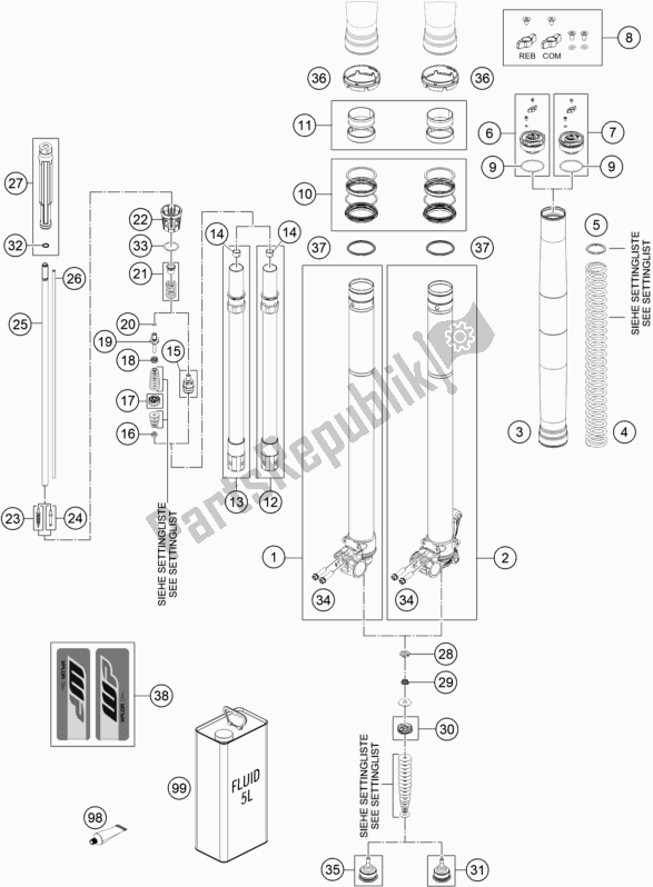 All parts for the Front Fork Disassembled of the KTM 690 Enduro R US 2020