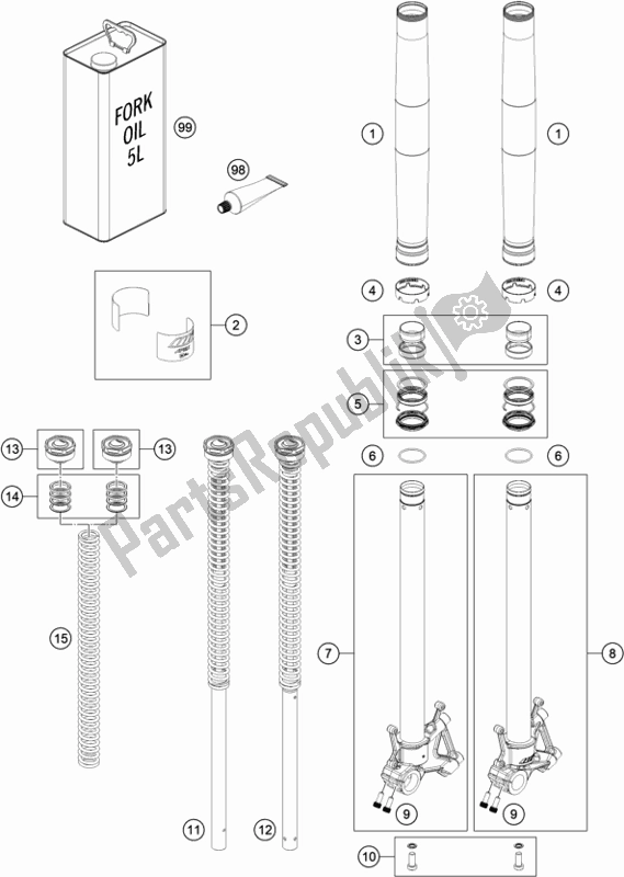 All parts for the Front Fork Disassembled of the KTM 790 Adventure,orange-CKD 2021