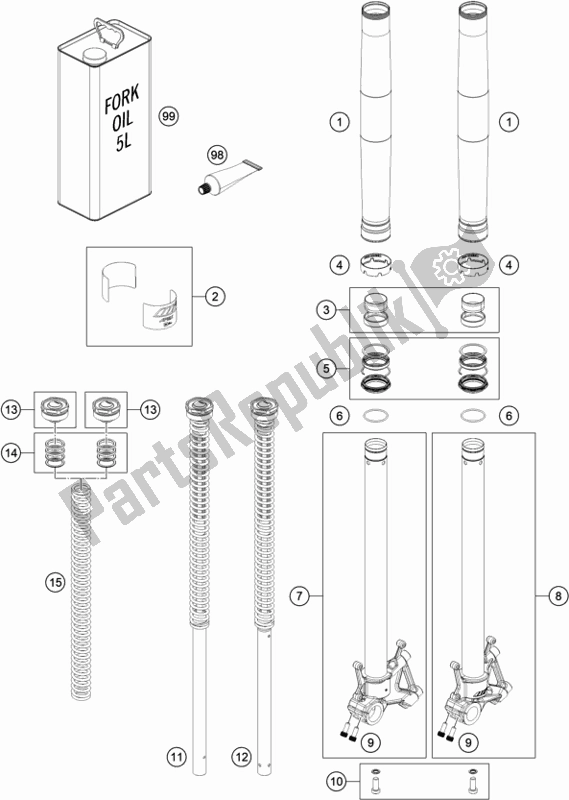 All parts for the Front Fork Disassembled of the KTM 790 Adventure,orange 2021