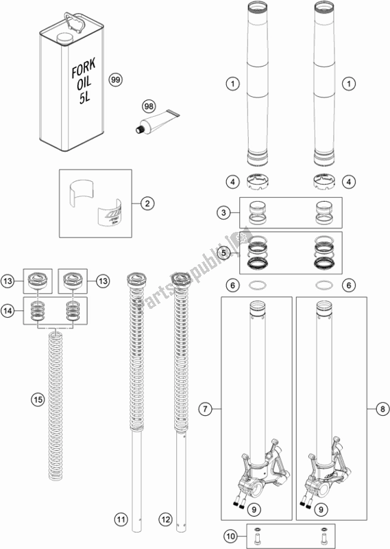 All parts for the Front Fork Disassembled of the KTM 790 Adventure,orange EU 2020