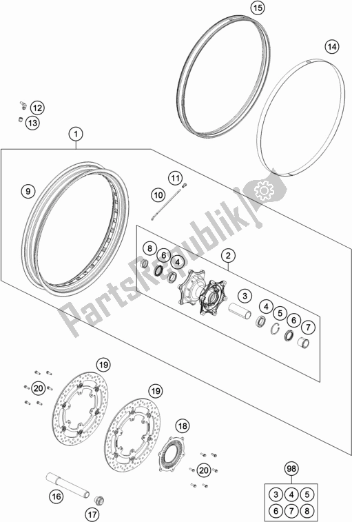 All parts for the Front Wheel of the KTM 790 Adventure,orange EU 2020