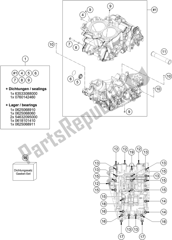 All parts for the Engine Case of the KTM 790 Adventure,orange US 2020