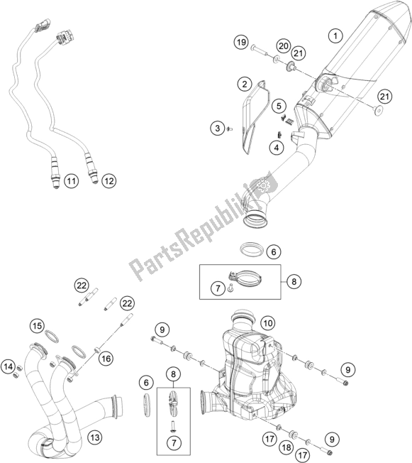 All parts for the Exhaust System of the KTM 790 Adventure,orange US 2020