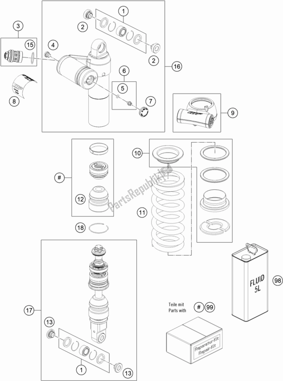All parts for the Shock Absorber Disassembled of the KTM 790 Adventure R-CKD W/O Engine 2021