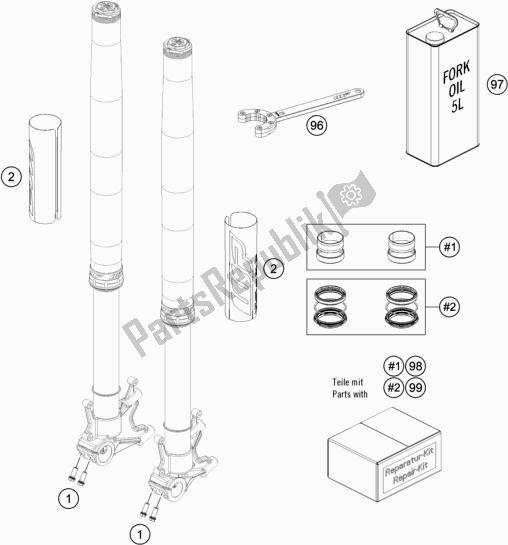 All parts for the Front Fork Disassembled of the KTM 790 Adventure R Rally EU 2020