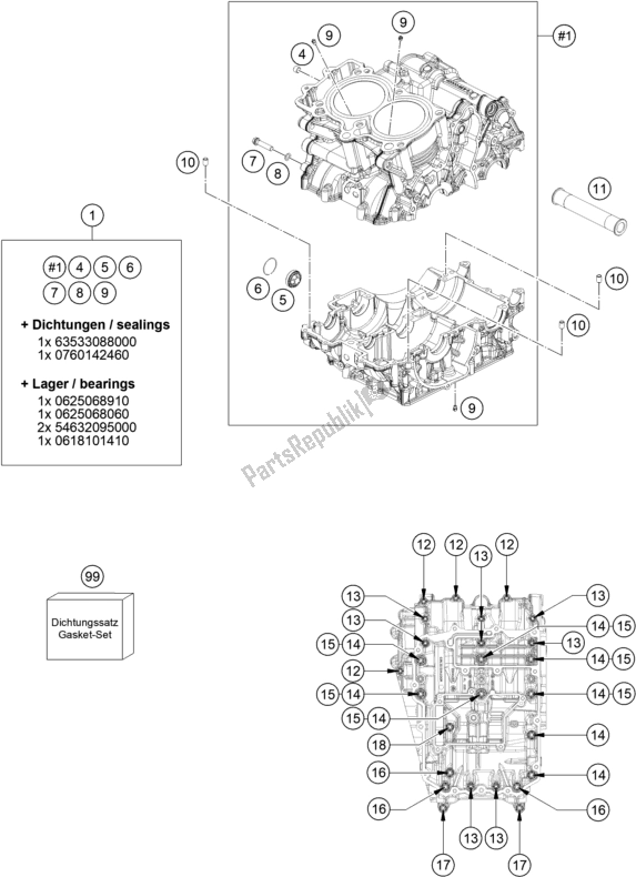 All parts for the Engine Case of the KTM 790 Adventure R US 2019