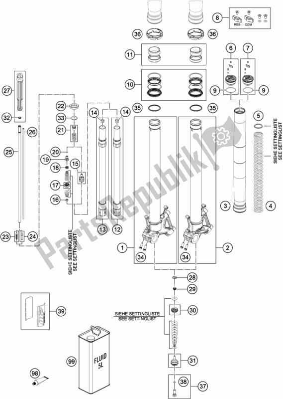 All parts for the Front Fork Disassembled of the KTM 790 Adventure R US 2019