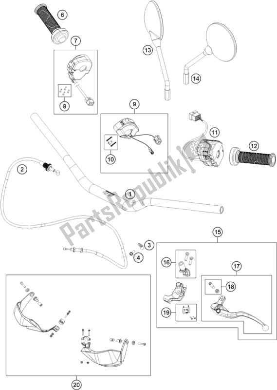 All parts for the Handlebar, Controls of the KTM 790 Adventure R US 2019