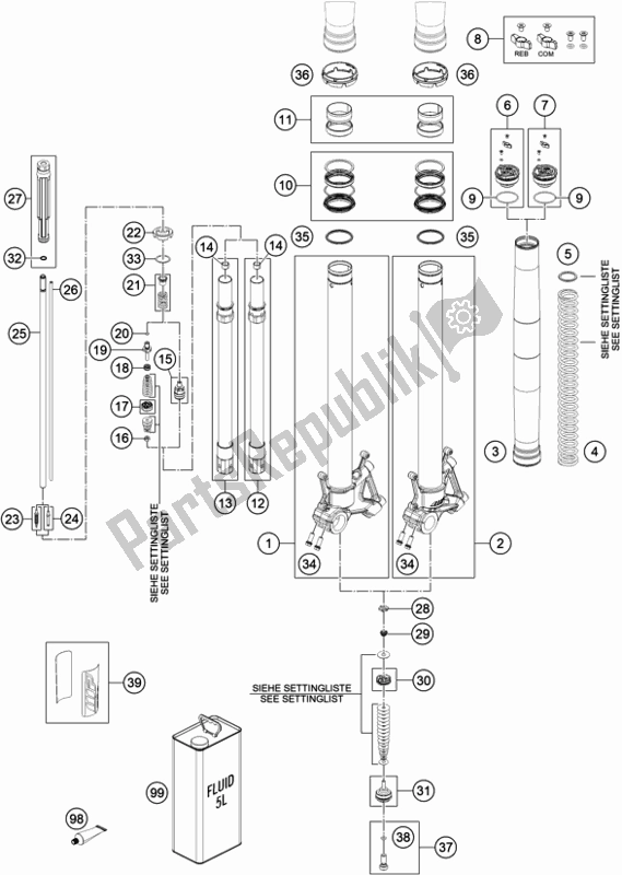 All parts for the Front Fork Disassembled of the KTM 790 Adventure R US 2020