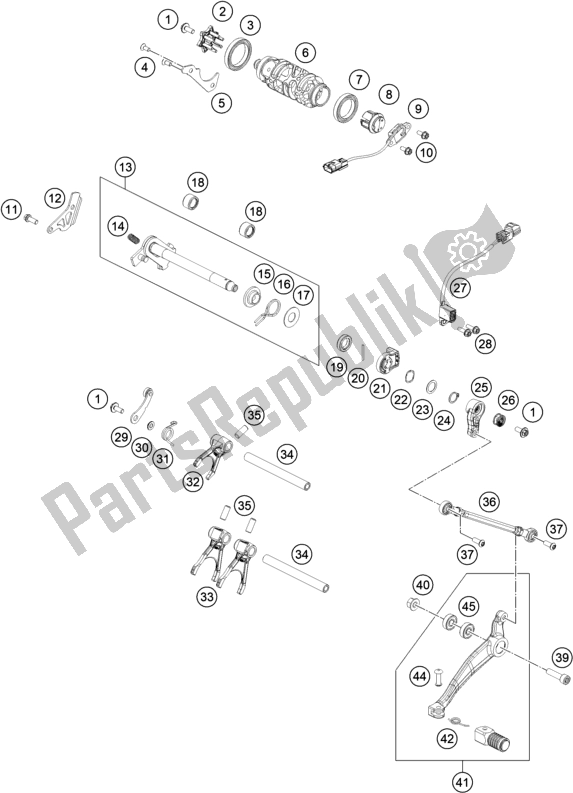 All parts for the Shifting Mechanism of the KTM 790 Adventure R US 2020