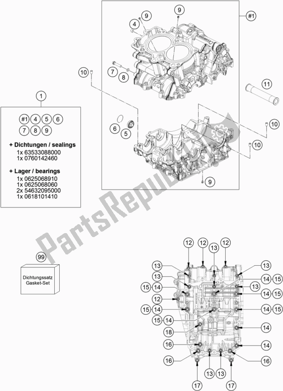 All parts for the Engine Case of the KTM 790 Adventure,white EU 2019