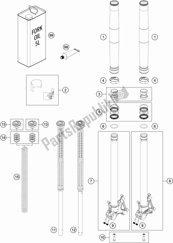 All parts for the Front Fork Disassembled of the KTM 790 Adventure,white EU 2020