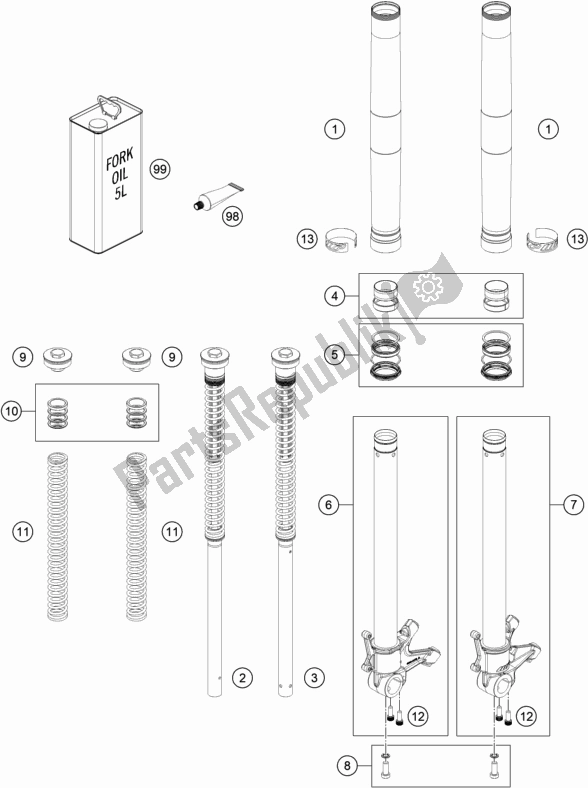 All parts for the Front Fork Disassembled of the KTM 790 Duke Black EU 2018