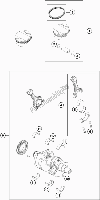 All parts for the Crankshaft, Piston of the KTM 790 Duke CKD Orange 2019