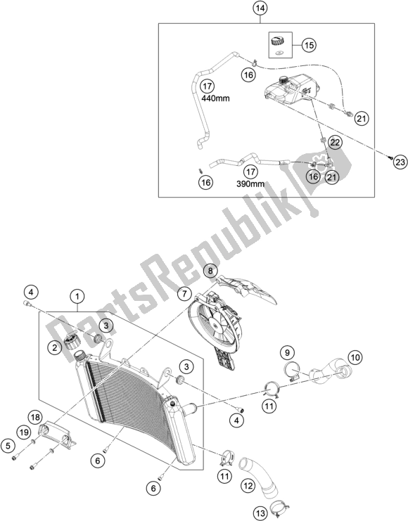 All parts for the Cooling System of the KTM 790 Duke,orange 2020